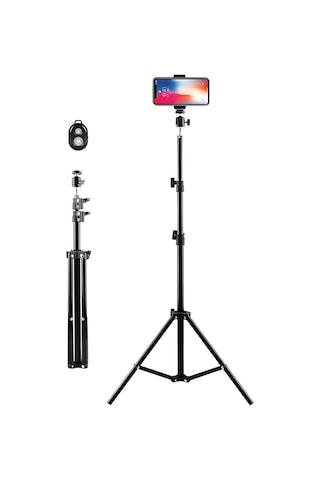 Bluetooth Kumandalı Metal Tripod, 2 Metre Ayarlanabilir Yükseklik, 360 Derece Döner Başlıklı Telefon Tutucu, Video Diğer