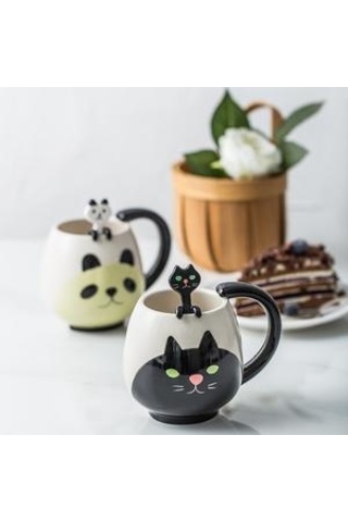 El Boyalı Kahve Fincanı Güzel Panda Seramik Kupa Çay Fincanı Inda Çay Kaşığı Kupalar Siyah A
