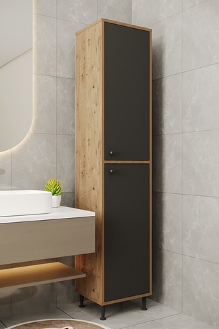 Aeka Ae-2027 Lina 2 Kapaklı Çok Amaçlı Dolap 40x180 Cm Raflı Dar Yüksek Boy Banyo Çok Bölmeli Depolama Dolabı Çam - Antrasit