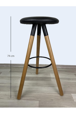 Banco Bar Sandalyesi, Bar Taburesi 74cm Ahşap Ayak Siyah Deri Oturak Çok Renkli