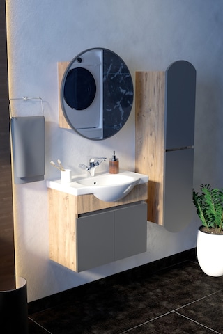 Erciyes 65 Cm Mdf Banyo Dolabı Seramik Lavabolu Oval Aynalı Havlu Dolaplı Modern Banyo Dolabı Atlantik-atrasit Gri
