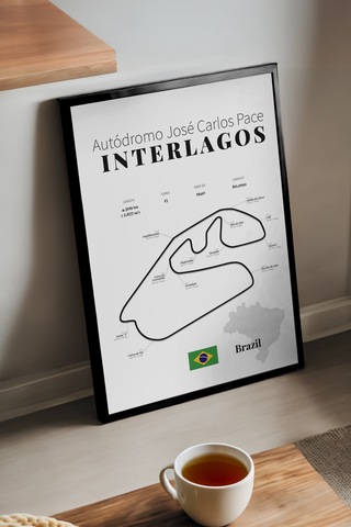 Interlagos Formula 1 Siyah Ahşap Çerçeveli Poster, Dekoratif Harita Duvar Tablosu