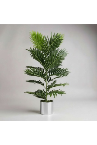 100 Cm Yapay Areca Palmiyesi Premium Dekoratif İç Mekan Bitkisi Metal Gümüş Saksı Yeşil