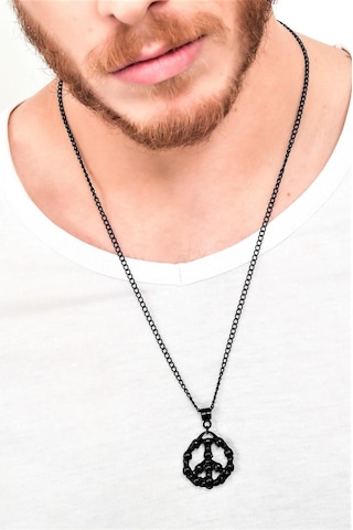 Erkek Siyah Oksit Kaplama Kurukafa Baskılı Barış Simge Uçlu Kolye Siyah
