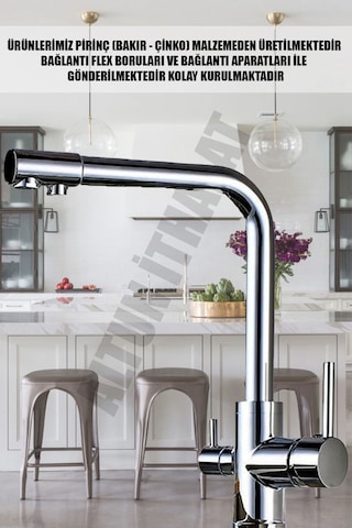 3 Yollu Arıtmalı Sıcak Soğuk Çıkışlı Krom Renk Evye Mutfak Bataryası Arıtmalı Musluk Krom