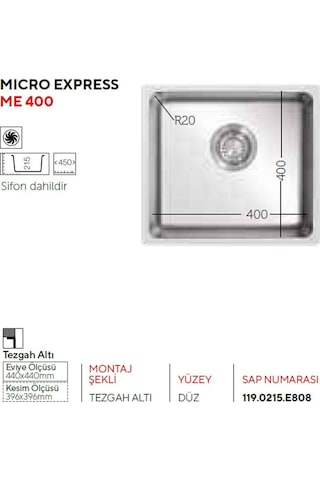 Ukinox Me 400 Paslanmaz Çelik Eviye. Tezgah Altı. Tek Hazne. 40 x 40CM