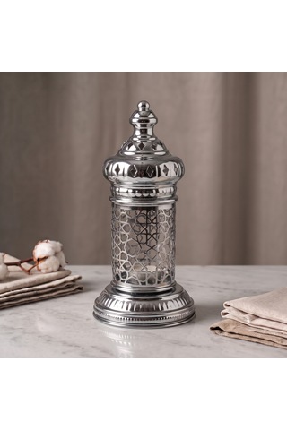 Beyaz Geometrik Metal Fener Selçuklu Yıldızı Çay Feneği Tutucu Minimalist Fas Mum Dekorasyonu Gümüş