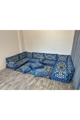 Coton Şark Köşesi Yörük Desenli Lüks Minder Takımı Konsept Mavi 18 Parça Mavi