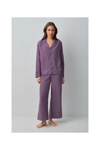 Suwen Vera Gömlek Yaka Pijama Takımı Wsh10510102662 Bordo Desenli