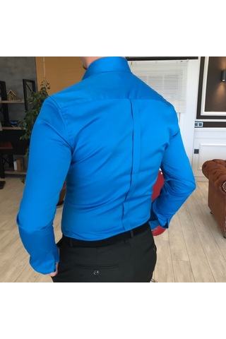 Italyan Stil Slim Fit Dik Yaka Saten Erkek Gömlek Saks T4744 Saks