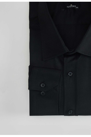 Tudors Büyük Beden Kolay Ütü Kravatlık Armürlü Pamuklu Erkek Gömlek-31398-siyah Siyah