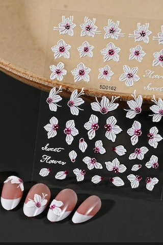 Misyul 5d Tırnak Sticker Yapışkanı Pembe & Beyaz Çiçekli Mıs-3832