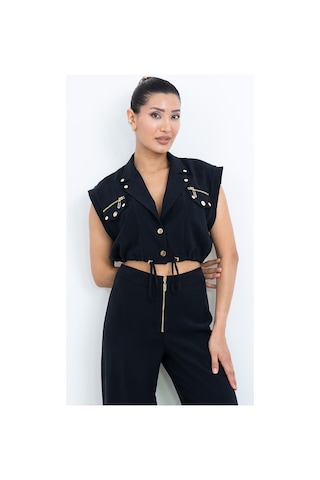 Dorne Moda Özel Seri Fermuar Ve Cep Detaylı Crop Yelek Bluz Ve Bol Paça Pantolon İkili Takım - Düğün - Mezuniyet - Ofis Şıklığı Siyah Siyah