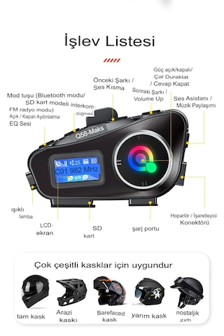 Q58-max Radyolu 2 Kişi Bağlantılı Bluetooth Kask Kulaklık Ekranlı