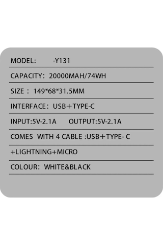 Plentiful 20000 Mah Powerbank 4 İn 1. Kendinden Çoklu Kablo Girişli Beyaz BEYAZ
