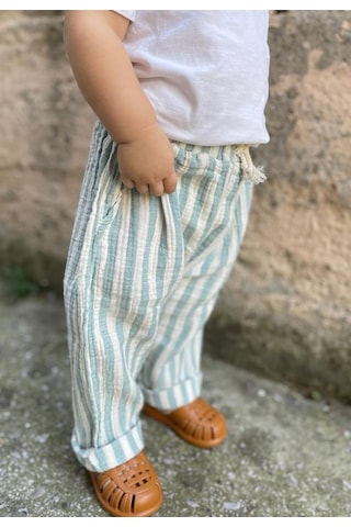 Cigit Müslin Pantolon 1-10 Yaş Yeşil Çizgili Yeşil