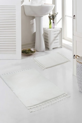 Vl Yıkanabilir Premium Ponpon Saçaklı Kaymaz Taban Post Peluş Banyo Paspası 2'li Takım Antrasit Ekru