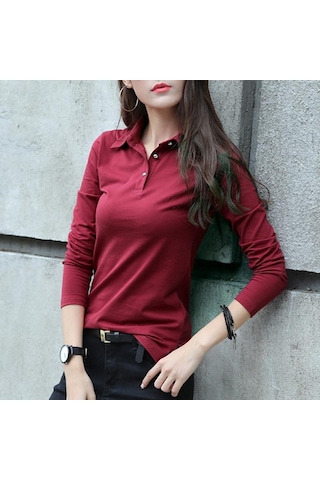 Düğme T Gömlek Kadın Sonbahar Üstleri Dönüş Yaka Ince Pamuklu Tişört Kadın Uzun Kollu Kadın Giysileri Tee Gömlek Femme Kahve Kahverengi