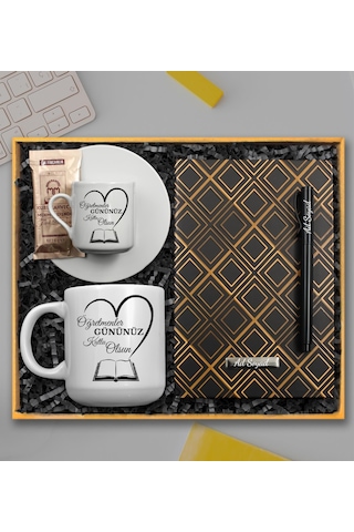 Kişiye Özel Öğretmenler Günü Hediye Seti Oval Kupa & Türk Kahve Fincanı & Gold Defter & Roller Kalem & Kahve