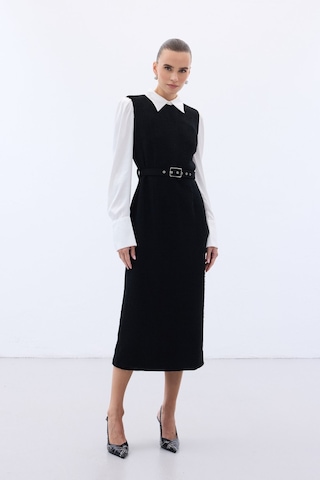 Kemerli Tüvit Elbise - Siyah-136575 Siyah