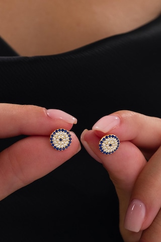Gümüş 11 Mm Nazar Boncuklu Boncuğu Altın Gold Kaplama Yuvarlak Çivili Göz Küpe Altın