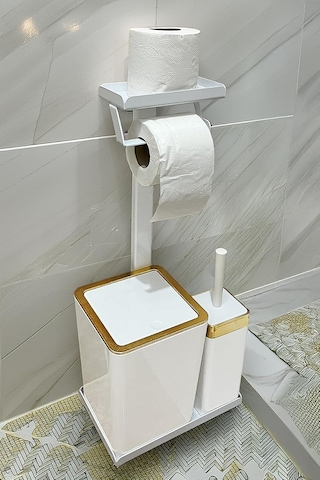 3'ü 1 Arada Banyo Seti Tuvalet Kağıtlık, Çöp Kovası Ve Tuvalet Fırça Takımı Gold Beyaz Diğer