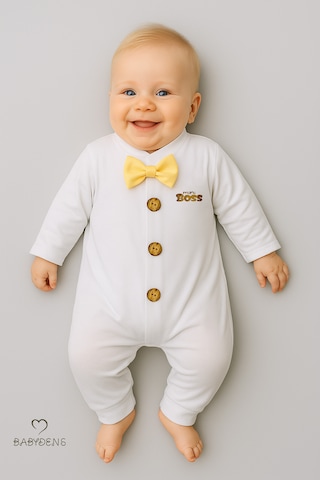 Babyden's Mini Boss Papyonlu Erkek Bebek Tulum Düğmeli Tasarım, Uzun Kollu Yenidoğan Tulumu Sarı