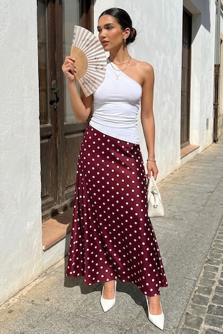 Madmext Bordo Puantiyeli Maxi Kadın Saten Etek Mg2725