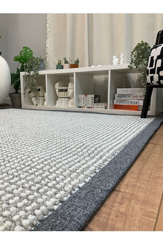 Saraz Halı Kumaş Bordür Bej Bukle Siyah Bordür Halı Salon Koridor Mutfak Çocuk Odası Halısı Kilim S263 Gri