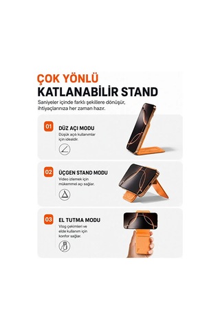 Magsafe Cüzdan Kartlık Güçlü Manyetik 360 Döner Standlı Telefon Kartlığı İphone Uyumlu Deri Cüzdan Turuncu-14909
