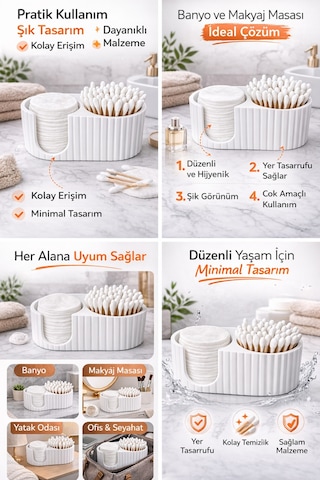 Pamuk Ped Ve Pamuklu Çubuk Organizer 2 Bölmeli Makyaj Düzenleyici Şık Ve Modern Masaüstü Çok Renkli