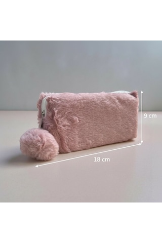 Elegance Peluş Ponponlu Pudra Rengi Kalem Çantası Çok Renkli