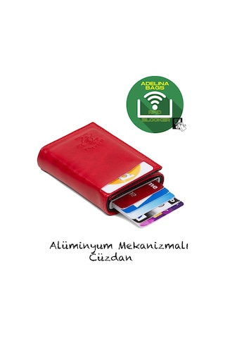 Adelina Unisex Kırmızı Alüminyum Mekanizmalı Kızaklı Kartlık Cüzdan Kırmızı