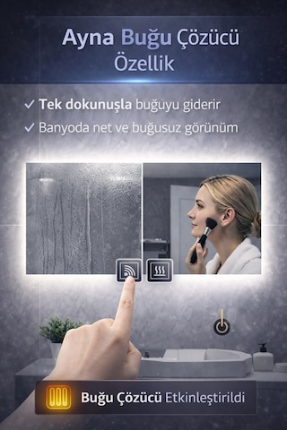 Digital Hayat Buğu Çözücü Dokunmatik Dimlenebilir Dikdörtgen Ayna Mavi Işıklı Led Dekoratif Banyo Makyaj Aynası Yatay Ve Dikey Kullanım Mavi