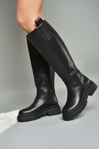 Fox Shoes V973222209 Siyah Cilt Kalın Tabanlı Kadın Binici Çizmesi Siyah Mat