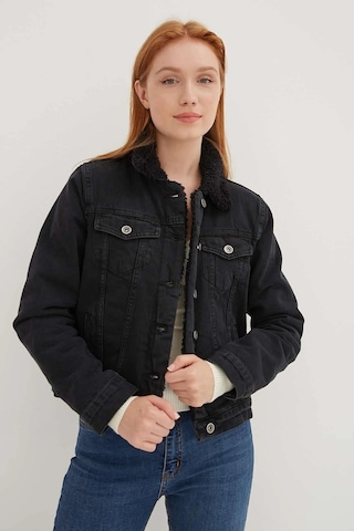 Fashion Frends İçi Kürklü Denim Ceket Siyah