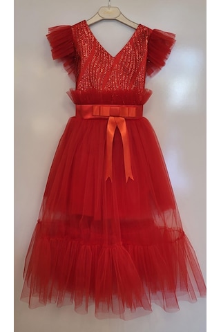 Kız Çocuk İçi Kısa Katkat Üstü Uzun Fırfırlı Abiye-7566-kırmızı Kırmızı