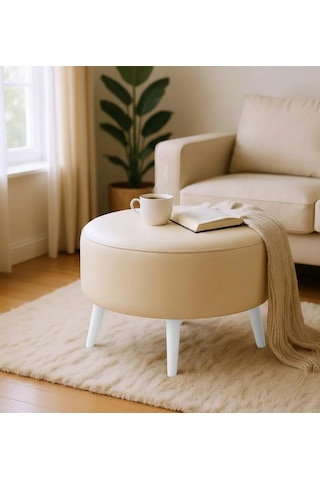 Waterybrook Suni Deri Puf Large - Beyaz Ahşap Ayaklı - Retro Modern Tasarım - Dekoratif Sehpa Krem