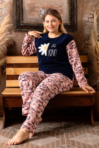Nisanca Büyük Beden Peluş Polar Pijama Takımı- Kışlık Büyük Beden Kadın Pijama Lacivert