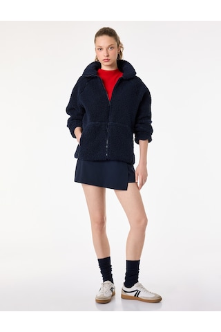 Koton Uzun Kollu Dik Yaka Cep Detaylı Fermuarlı Oversize Peluş Ceket Lacivert 6wmg60028ık