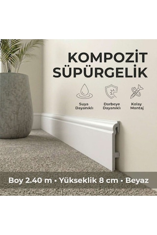 Espumo Kompozit Süpürgelik 8 cm Beyaz | Suya Dayanıklı Parke Duvar Süpürgelik 2,40 m ESP301