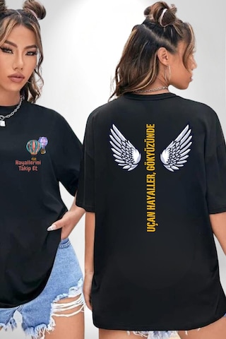 Uçan Hayaller Gökyüzünde Melek Kanatları Siyah Oversize Unisex Ön Ve Sırt Baskılı Tişört Siyah