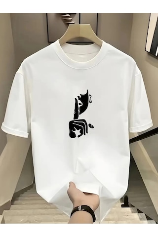 Butik İstanbul Rahat Bisiklet Yaka Tişört, Yaratıcı Karikatür Baskı - Yumuşak Polyester, Her Mevsim Giyilebilir- Beyaz