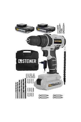 Steiner 58 V 5 Ah Metal Şanzıman Çift Lithium Akü Şarjlı Vidalama Matkap Gri + Set