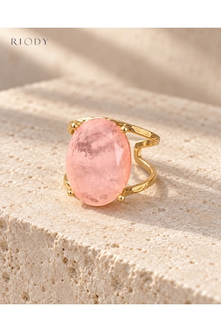 Riody Regard Rose Gold Kaplama Pembe Kedi Gözü Doğal Taşlı Ayarlanabilir Kadın Yüzük Sarı Altın