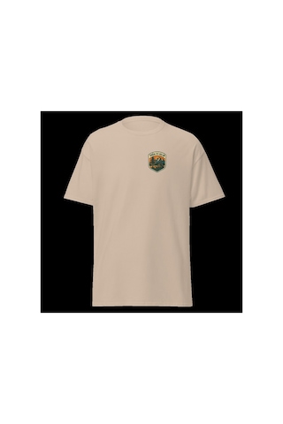 Wildstyle Doğa Terapisi Renkli Kamp Doğa Orman Huzur Rozet Baskılı Unisex Bisiklet Yaka Pamuklu Tişört Camel