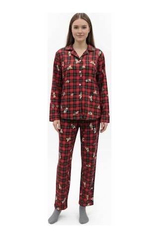 Kadın Kırmızı Ayıcık Desenli Düğmeli Uzun Kollu Pijama Takımı Kırmızı