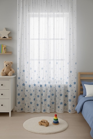 Brillant Marka Yıldız Desenli Tül Perde Örme Kumaş, Çocuk Odası İçin Özel Tasarım Mavi Mavi