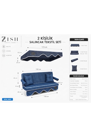 Altaleno 2 Kişilik 130 45 Cm Süngerli Bahçe Balkon Salıncak Minderi Yıkanabilir Kılıflı, Tenteli Keten Kumaş Tekstil Seti 24 Dns 8 Cm Orta Sert Sünger Mavi