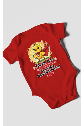 Morivokids Küçük Ama Cesur Annemin Kahramanıyım Kısa Kollu Bebek Body %100 Pamuk Kırmızı